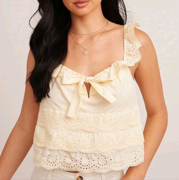 Floral Eyelet & 100% Cotton Western Mix Media Ruffle Square Neck Cute Keyhole - Picture 2 of 4